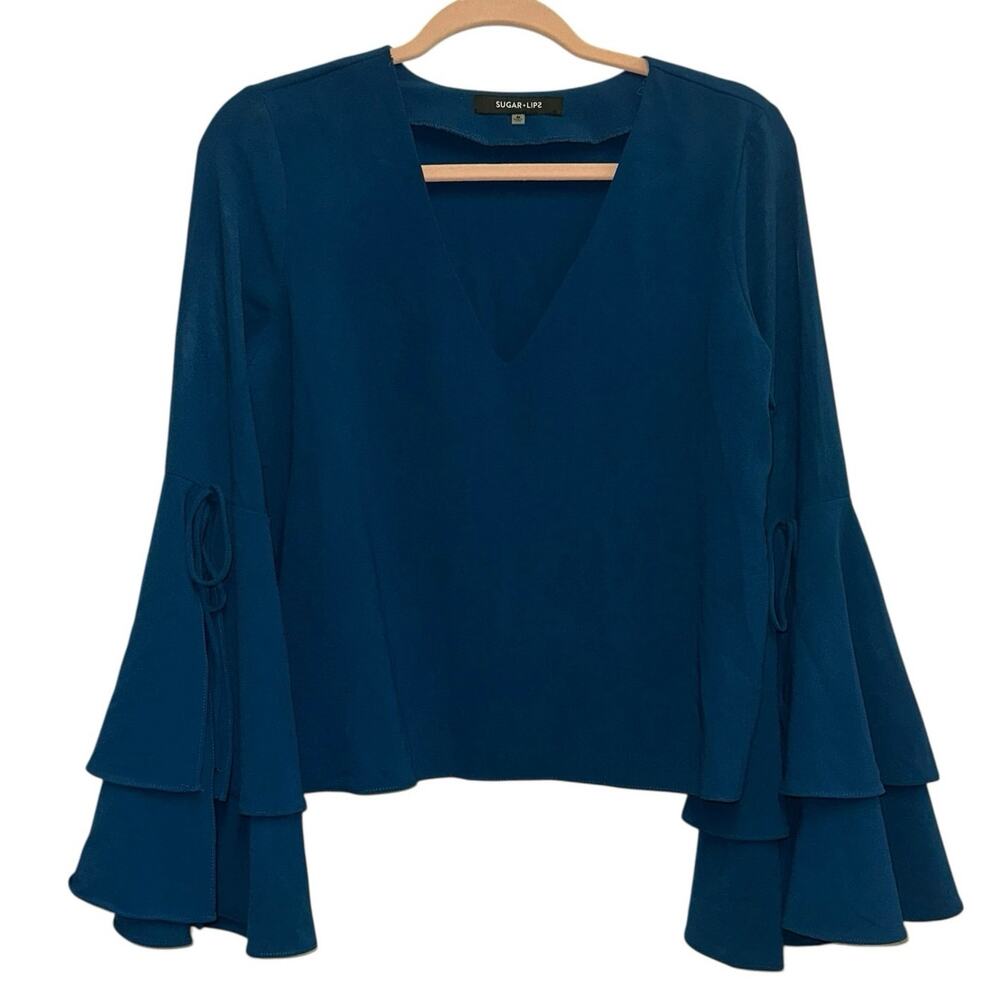 Sugar + Lips Teal Ruffle Bell Sleeve‎ Blouse V-Neck Flowy Top Medium